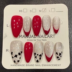 Almond Shape Red and Silver Press-On Nails Kit